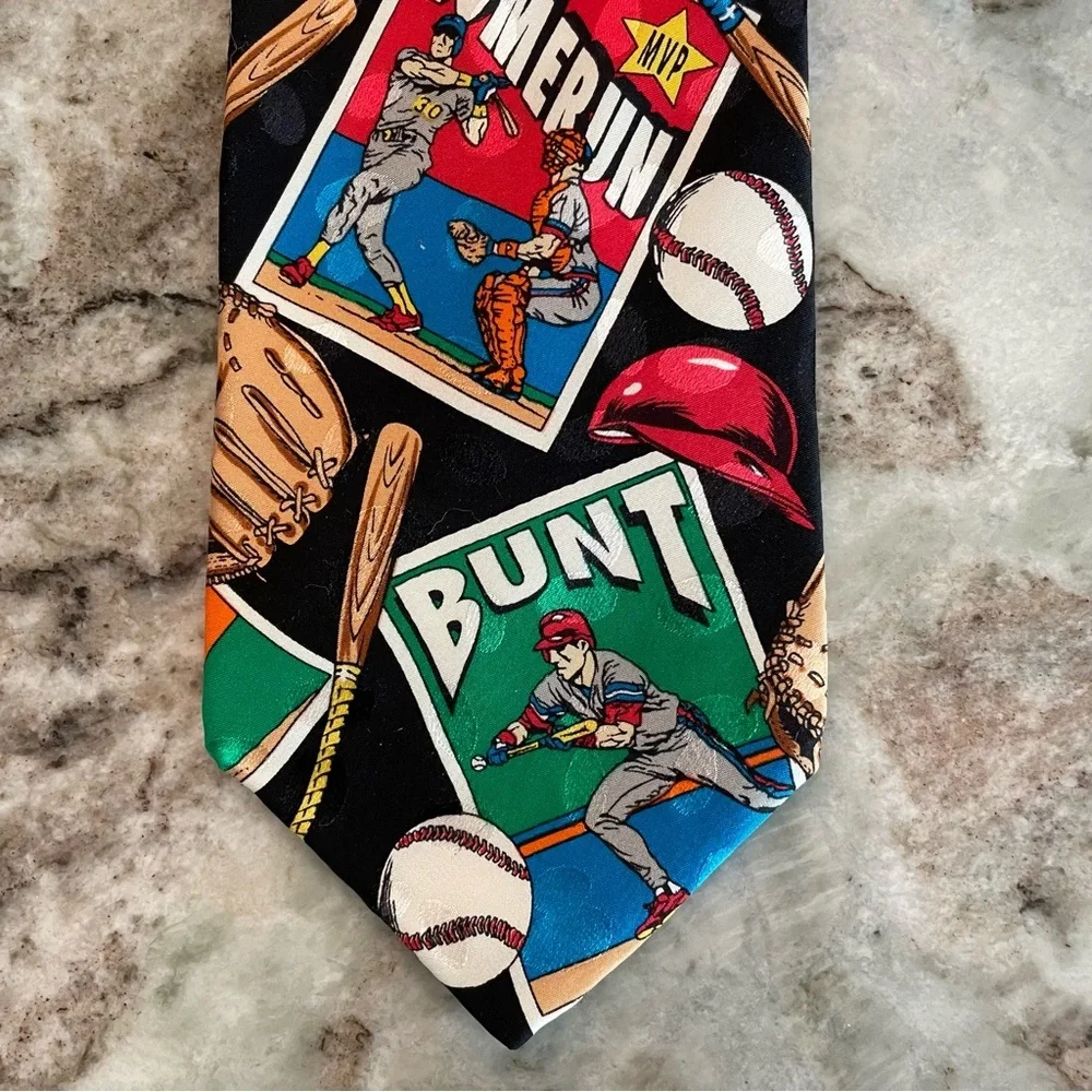 Vintage Baseball Mens Tie 100% Silk Baseball Card, Bat, 90'S